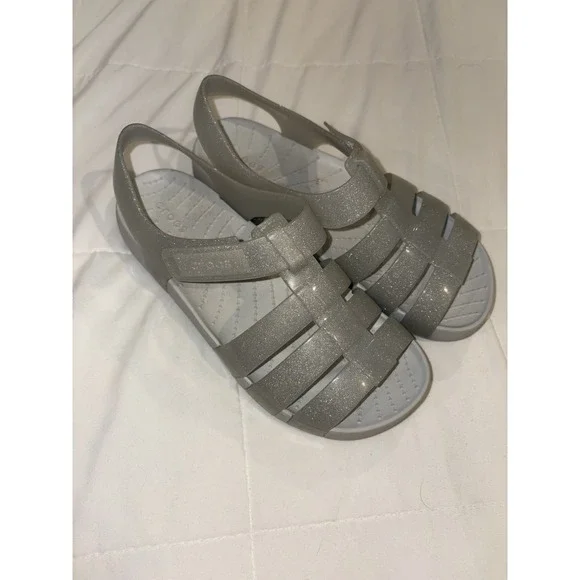 Crocs Kids Isabella Jelly Sandals Size Youth 3 Clear Glitter Silver Girls Shoes - Picture 2 of 4